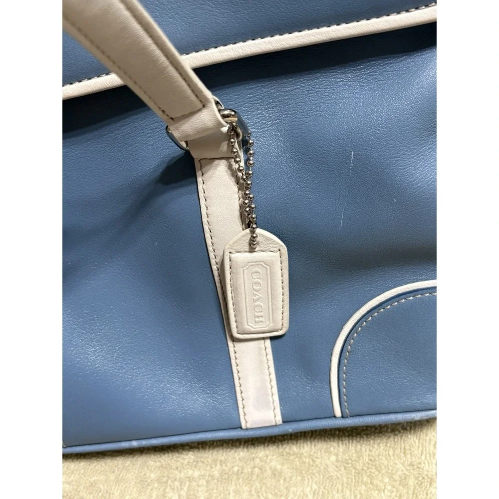 Coach Hamptons Magnetic Flap Satchel Blue White Leather Bag Purse Y2K Vintage